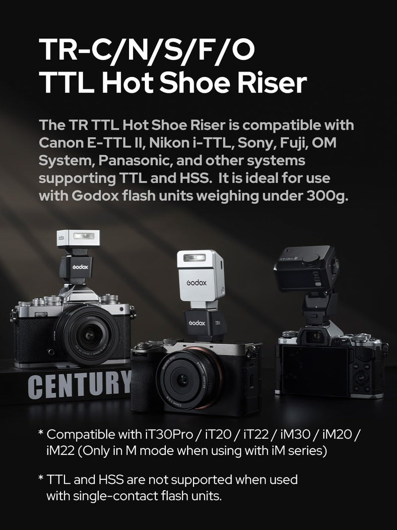 Godox TR TTL Hot Shoe Riser for Fujifilm Cameras,0-90° Angle Adjustment,30mm Height Increase, Reduce Lens Shadow Compatible with Godox iT30 Pro F,iT20 F,iT22 F,iM30,iM20,iM22 Mini Flash
