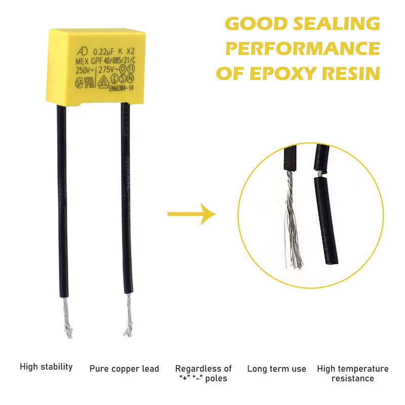 Pack of 10 LED suppressor capacitors for flashing, capacitor X2, non-outgoing LED lamps, suppression capacitor 0.22µF 275V