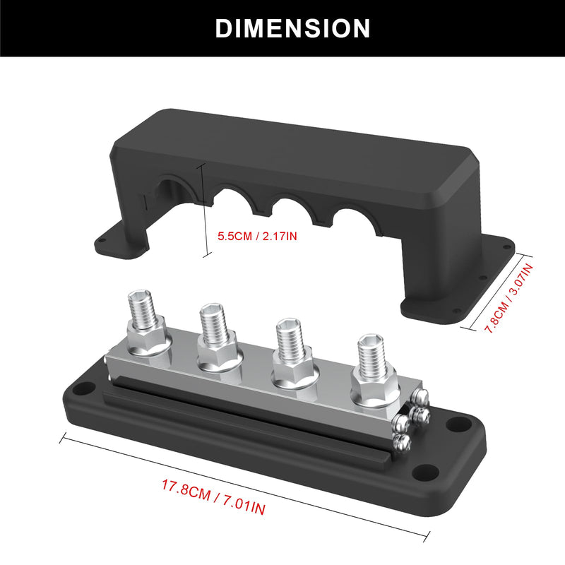 600A Bus Bar 12V Power Distribution Block with 3/8" (M10) 4-Posts Heavy Duty Terminals Block with Cover for Automotive, Marine, Battery System (Black) 3/8" - Black