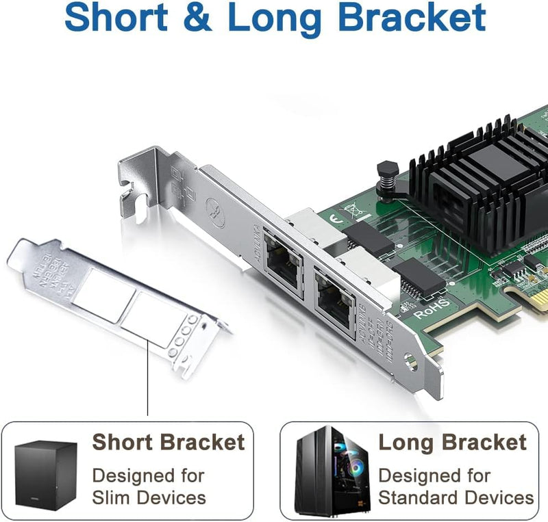10/100/1000Mbps Gigabit Ethernet Network Interface Card (NIC) Dual Copper RJ45 Ports, with Intel 82576 Chip, Equivalent to Intel E1G42ET, PCIE 2.0 X1, Support Windows/Windows Server/Linux/VMware ESX Intel 82576EB, 2x RJ45