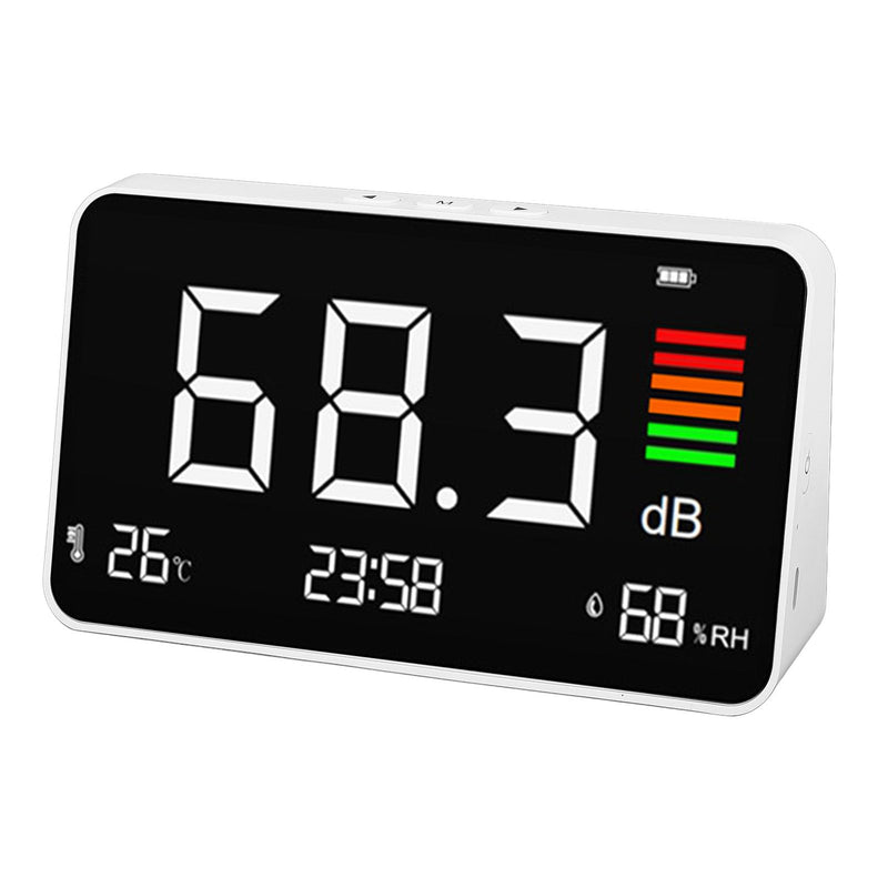 Decibel Measuring Desktop Tester with LED Display, 30 to 130 dB Sound Level Meter Display Noise, Temperature and Humidity, Noise Meter for Home, Studio, Factory