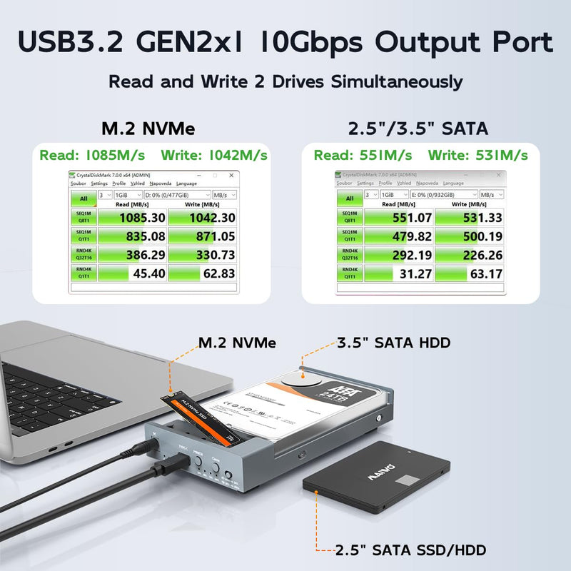 MAIWO USB C Docking Station for M.2 PCIe NVMe + 2.5 3.5 Inch SATA SSD/HDD with Offline Clone, Clone HDD to NVMe SSD, USB 3.2 GEN 2 10Gbps External Hard Drive Enclosure M.2 NVMe to 2.5/3.5” SATA Cloner