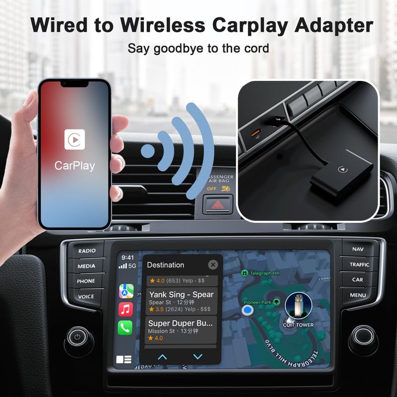 Wireless Apple CarPlay Adapter, 2023 Upgrade Apple CarPlay Wireless Adapter for OEM Wired CarPlay Cars, Fastest and Most Stylish Dongle, Convert OEM Wired to Wireless CarPlay, Plug & Play, PNBLAECE
