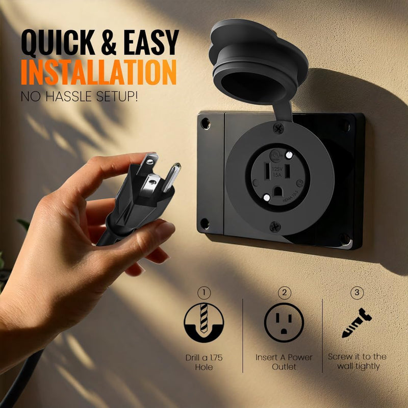 Journeyman-Pro Outdoor Waterproof Outlet, 15 Amp 125 Volt NEMA 5-15R Panel Mount Outlet, Exterior Electrical Outlet Kit with 20-Inch Extension Cord & Outdoor Weatherproof Rubber Cover (GCR1-BLACK) GCR1-BLACK