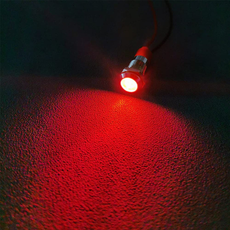 GUUZI 8mm LED Indicator Light 12-24V Waterproof Signal Light Metal Plate LED Indicator Signal Light Plate Mount Flat Head with Wires Silver Housing (Red, 6 Pieces) Red