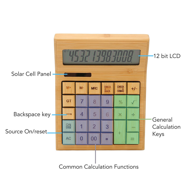 Zopsc Bamboo Calculator, Wooden Solar Calculators with 12 Bit Digital LCD Screen, Basic Standard Function Desk Calculators with 29 Big Buttons for Office Home School Store
