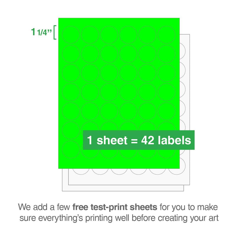 ChromaLabel 1.25 inch Round Labels for Laser & Inkjet Printers, 1050 Stickers per Pack, Fluorescent Green 1.25" Diameter