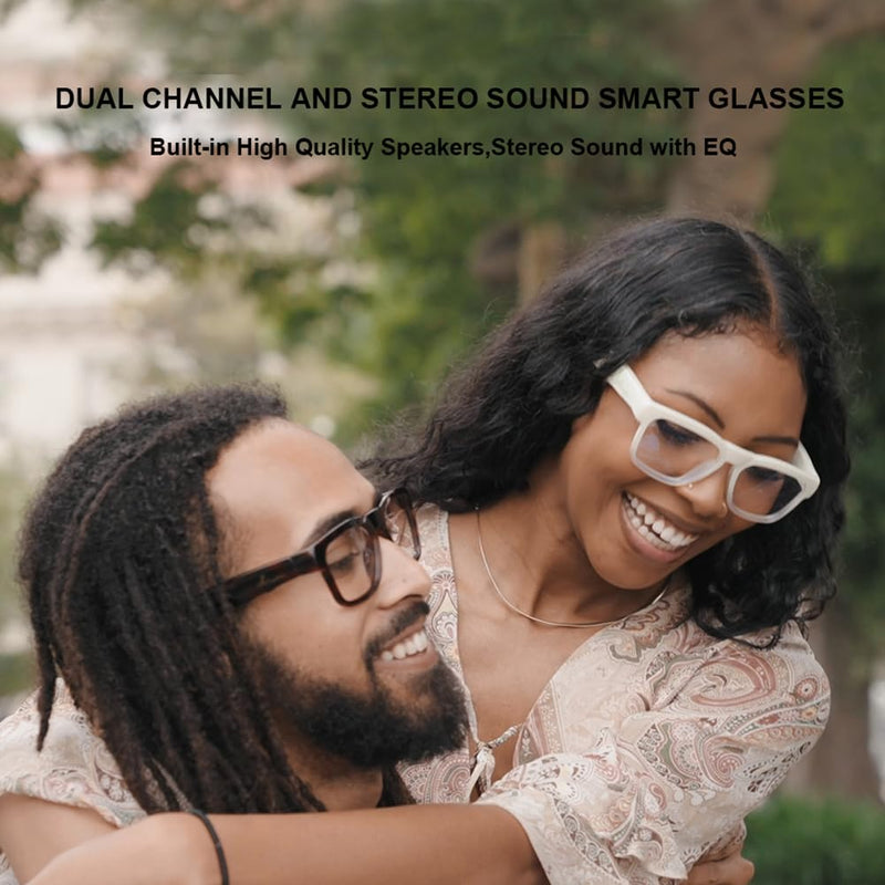 OhO Bluetooth Sunglasses,Voice Control and Open Ear Style Smart Glasses to Listen Music and Calls,UV400 Polarized Lens Shiny White Frame-blue Light Blocking Lens
