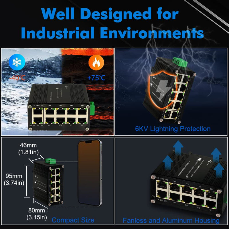 Industrial 10 Port Gigabit Ethernet Switch, RJ45 10/100/1000Mbps Mini Din Rail Mount Ethernet Switch, 12-48V DC Hardened Unmanaged Network Switch 20Gbps Switching Capacity 10 RJ45 Switch