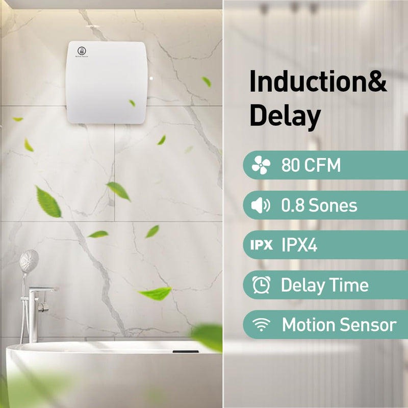 Bathroom Exhaust Automatic Fan for Wall and WIndow,Super Quiet 4 In Bathroom Motion Sensor and Delay Time Exhaust Fan with O Ring White 80 CFM Vent Fan 4inch