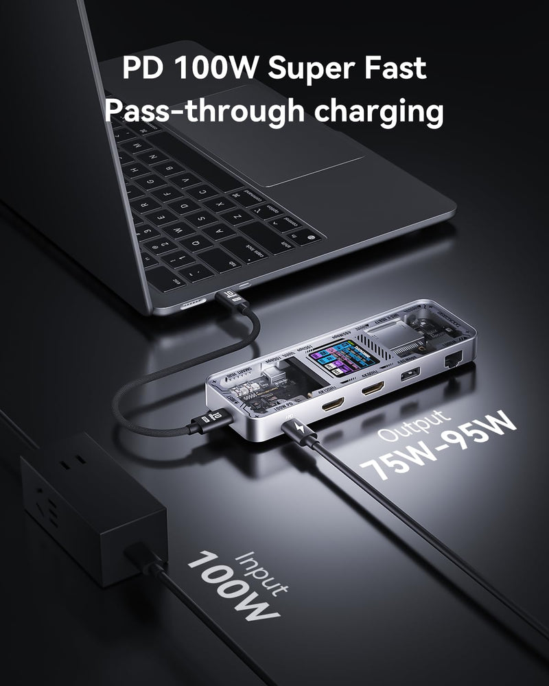 DOCKCASE Explorer Edition 10-in-1 USB C Hub, Dual 4K HDMI Docking Station for 2 Monitor, Gigabit Ethernet,1 USB-C and 3 USB-A Ports,100w PD, UHS-II TF/SD Card Reader for MacBook Pro, XPS, and More Silver