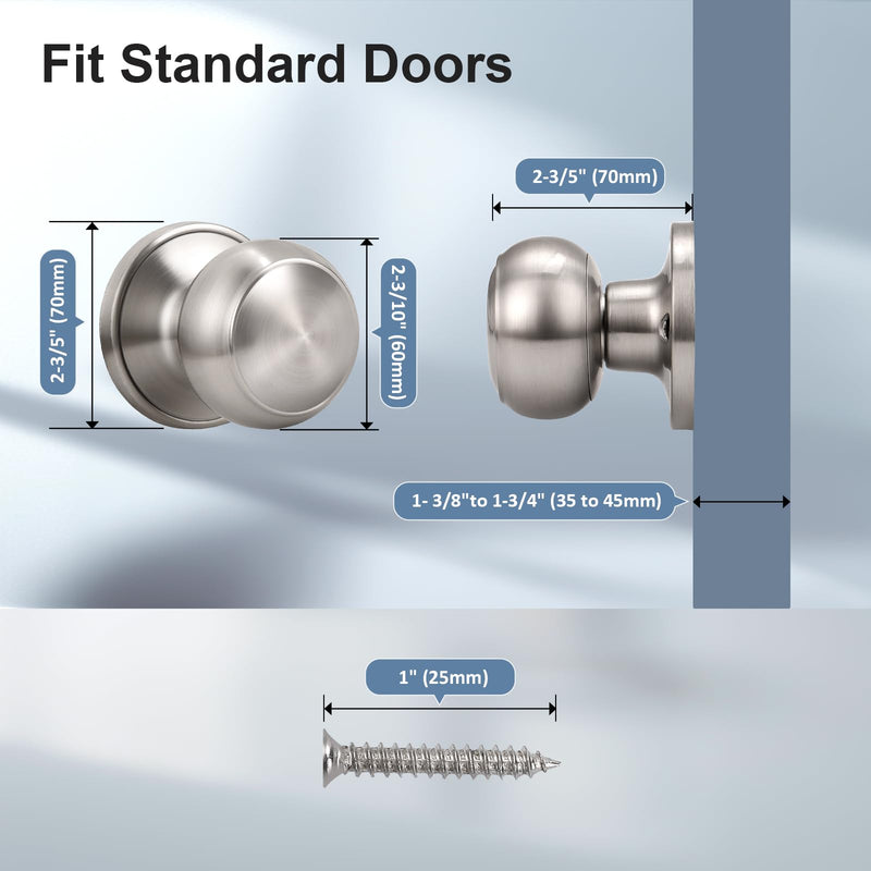 KNOBWELL 4 Pack Non-Turning Dummy Door Knobs Interior - Satin Nickel, Keyless Closet Door Knobs for French Doors，Single Side