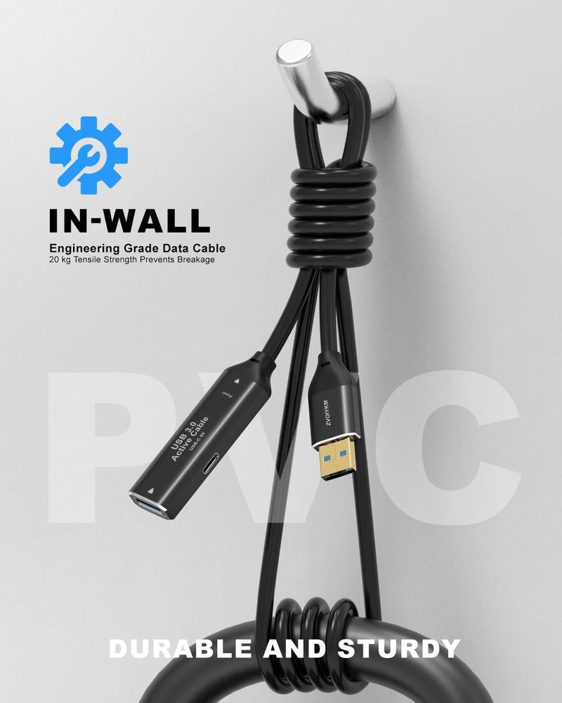 USB 3.0 Active Extension Cable, 50FT (15M) with Signal Booster - 5Gbps High Speed Data Transfer Male to Female Repeater Cord, in-Wall Compatible for VR Headset, Printer, Hard Drive, Xbox, PC 50 ft