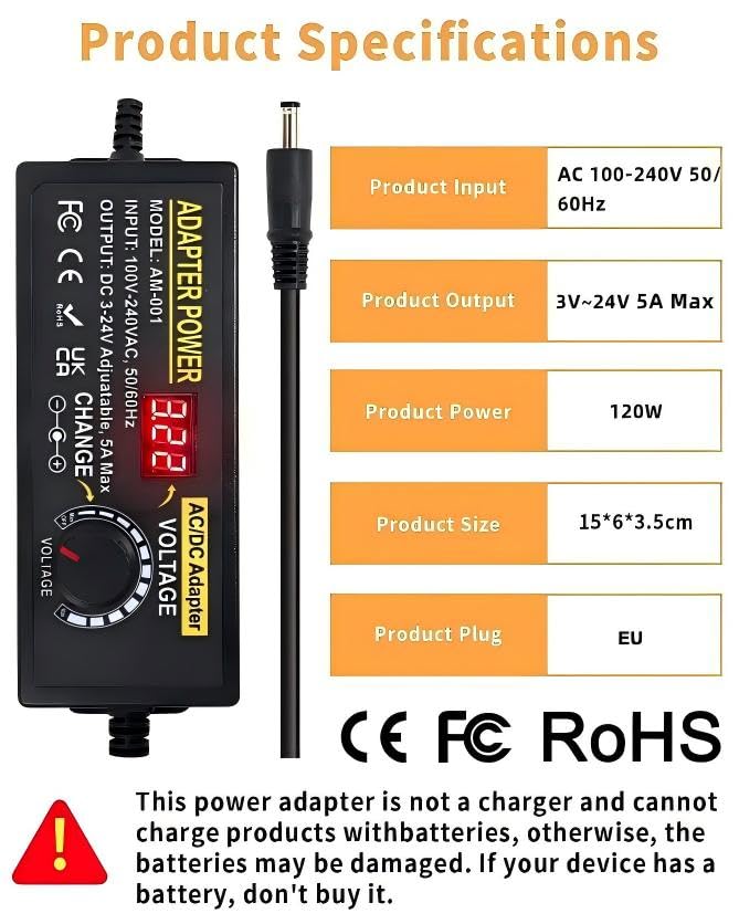 Adjustable Power Adapter 3-24V 5A 120W, Universal Power Supply 120W Adjustable Power Supply Adapter, 100V-240V AC to DC 5A Power Supply with LED Voltage Display and 5.5 x 2.5 mm 14 Tips & Polarity Cable