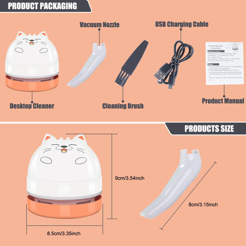 Mini Desktop Vacuum Cleaner, Portable USB Vacuum Cleaner for Desk Mini Cute Cartoon Desktop Vacuum for Cleaning Eraser Crumbs, Dust, Crumbs, Computer, Keyboard and Car (White Orange) White Orange