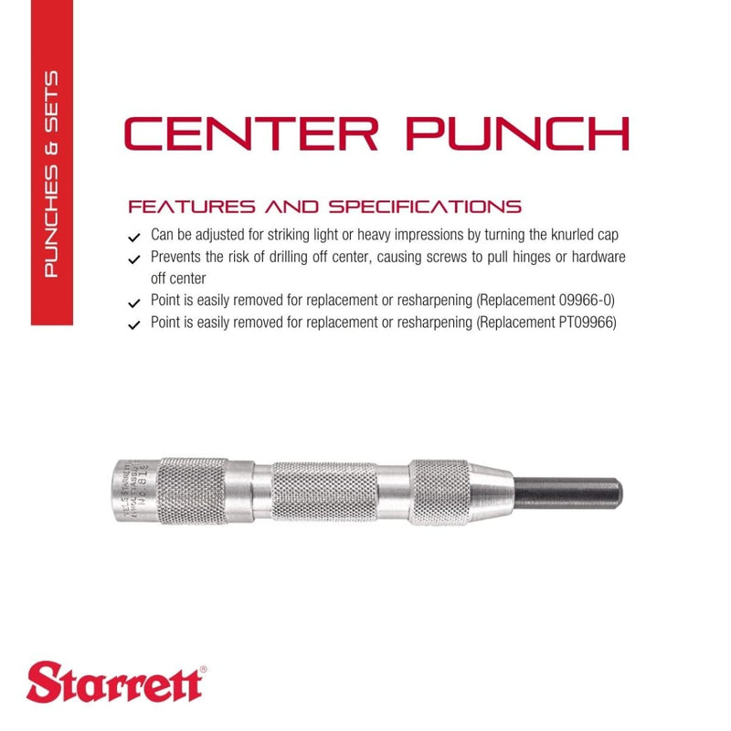 Starrett Hinge Locating Automatic Center Punch with Adjustable Stroke - 125mm Length, 16mm Diameter Tapered Point - 819