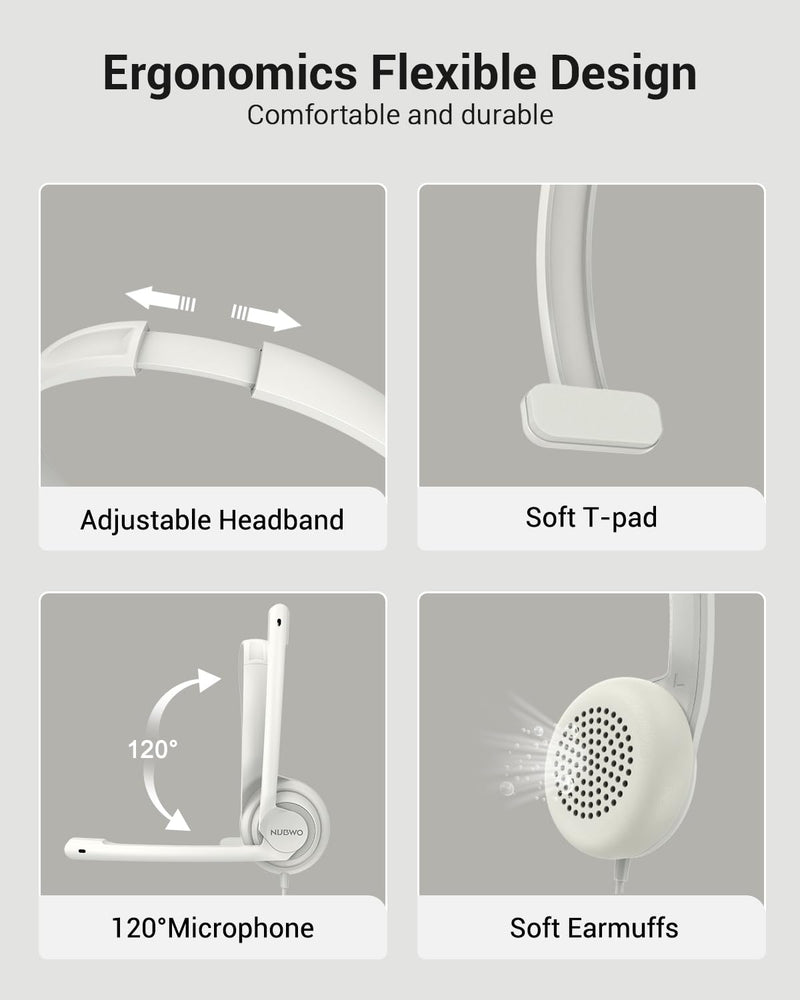 HW02 USB Headset with Microphone Noise Cancelling &in-line Control, Super Light, Ultra Comfort Computer Headset for Laptop pc, On-Ear Wired Office Call Center Headset for Boom Skype Webinars（White） White 3.5+USB