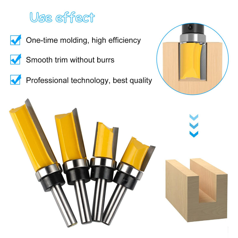 Pack of 4 flush cutter ball bearings, flush cutter 8 mm shaft, flush cutter, edge copy cutter with ball bearing, router, groove cutter flush cutter set woodworking cutting tool for wood shaft 8 mm