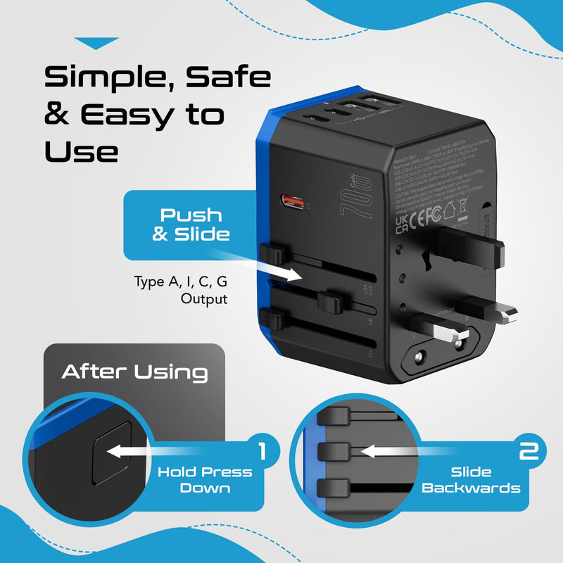 Ceptics 70W World International Travel Plug Adapter - Powerful GaN Tech with Pd & QC 3.0 Dual 3X USB-C Power - 2 USB Ports Wall Charger Type I C G A Outlets 110V 220V A/C - EU Euro US UK (70-KU) 1 Pack Universal Travel Adapter 70W