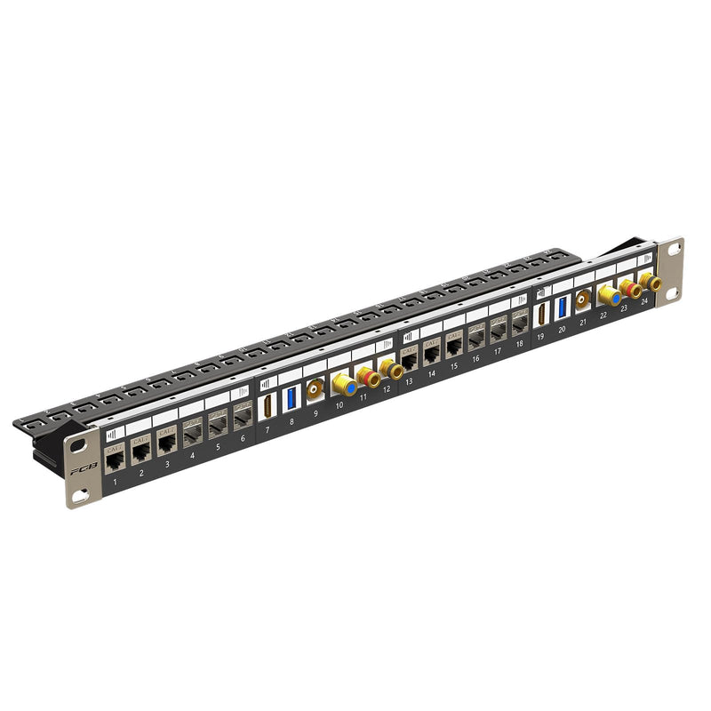 FGB 1U Patch Panel 24 Port for Keystone Modules, 19 Inch | Rack installation or wall mounting, patch panel with back strip, compatible Cat5 Cat6 Cat7 Cat8, network installation cable