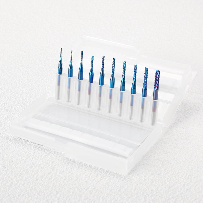 SainSmart Genmitsu 10Pcs Nano Blue Coat End Mill Set CNC Milling Cutter for Wood PVC Aluminum, 0.8-3mm, 1/8" Shank 0.8-3.0mm Set