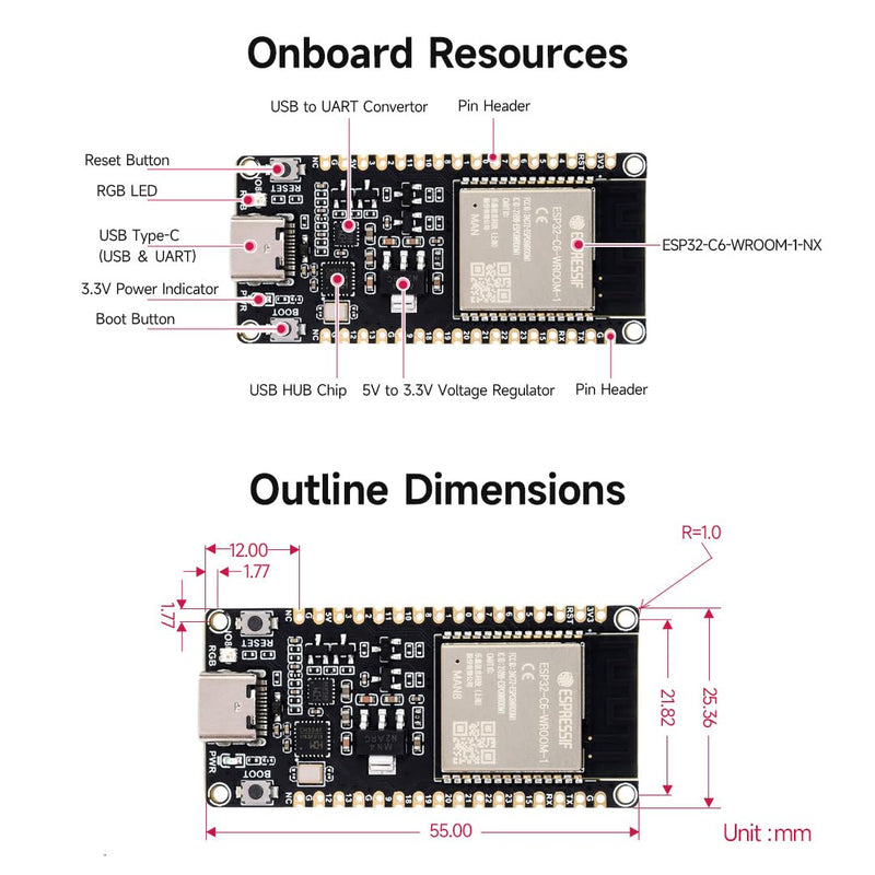 2PCS Waveshare ESP32-C6 Microcontroller, WiFi 6 Development Board, 160MHz Single-Core Processor, ESP32-C6-WROOM-1-N8 Module, Supports USB and UART Development