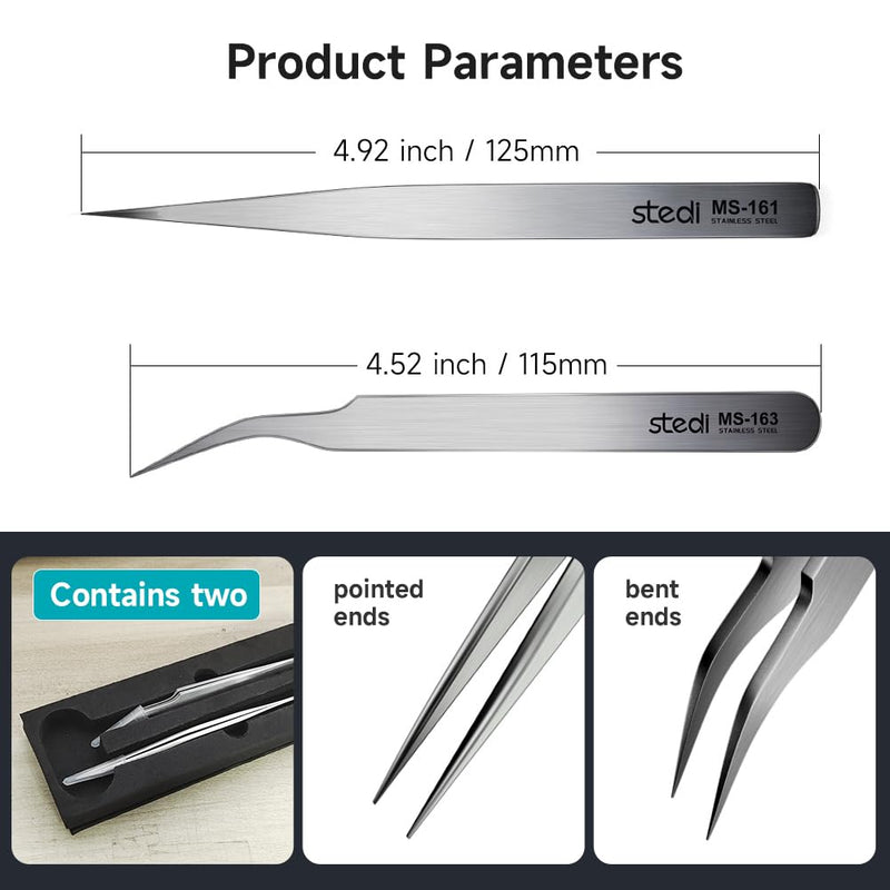 stedi 2PCS Precision Thickened Tweezers Set, Model Hobby Making Tools,Ultra-Precision Premium Stainless Steel Tweezers for Gundam, Scale Military Model, 3D Resin Parts, Industrial Tweezers （Thickened Tweezers）Straight tip & Curved Tip