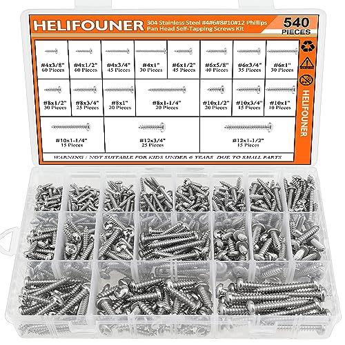 540 Pieces #4#6#8#10#12 Wood Screws Set, HELIFOUNER 18 Sizes Phillips Pan Head Self-Tapping Screws Assortment Kit, Phillips Pan Head Wood Screws, 304 Stainless Steel