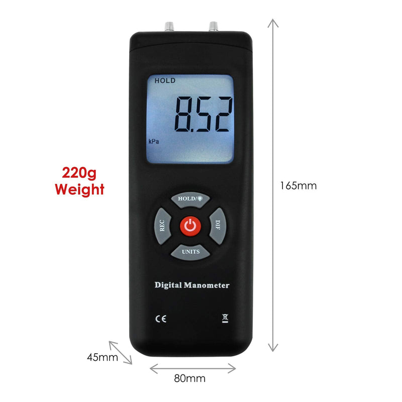 Professional Digital Pressure Gauge, Portable Handheld Air Vacuum/Gas Pressure Gauge 11 Units with Backlight, ±13.78kPa ±2PSI, Suitable for Differential Pressure of 1-2 Pipes, Ventilation, etc 11 Units of Measurement