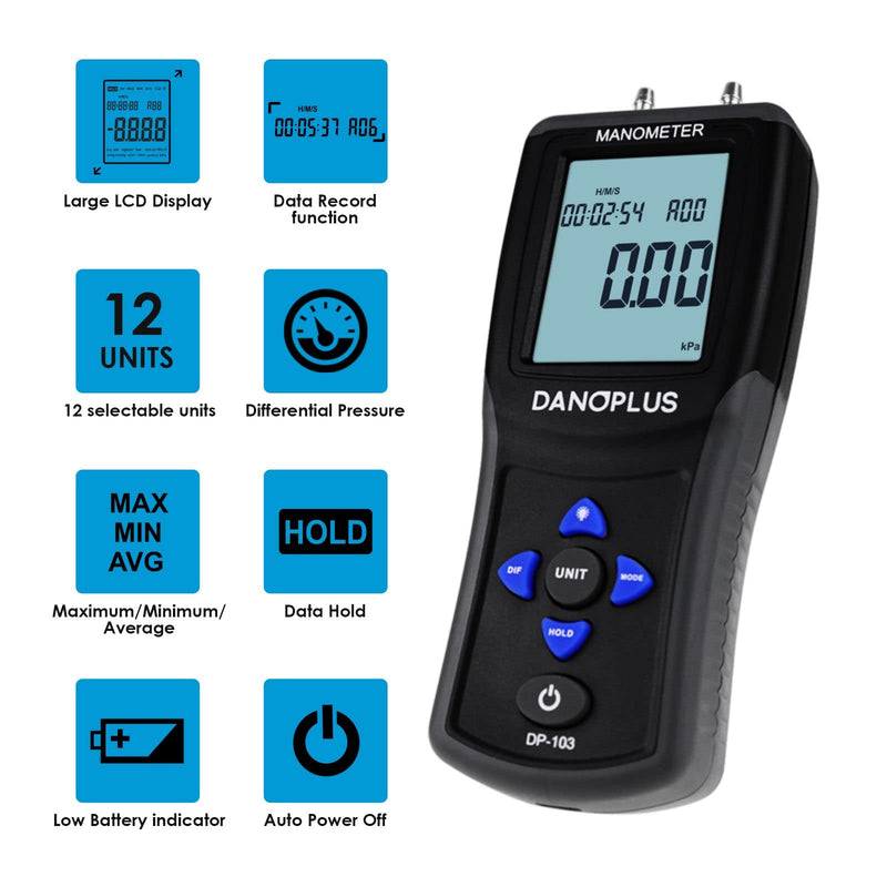 Manometer Digital Gas Pressure Tester Differential Pressure Gauge HVAC Air Pressure Meter with Backlight Data Record Function