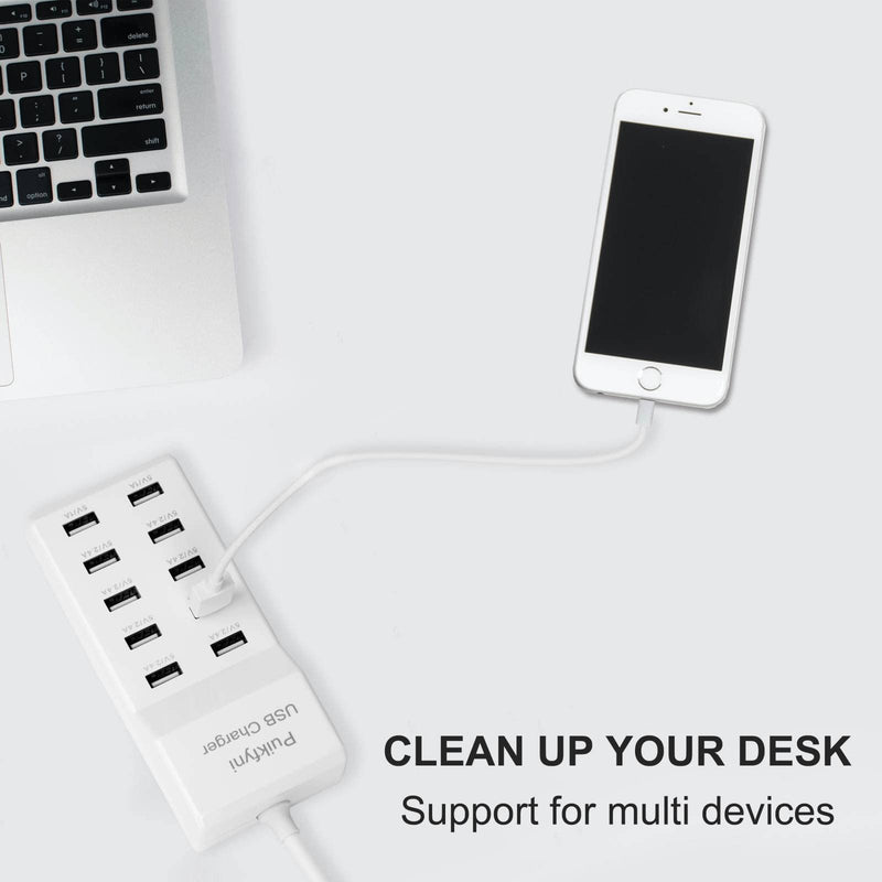 10-Port USB Charger [UL Certified] Family-Sized Desktop USB Rapid Charger，Smart USB Charger for Multiple Devices Smart Phone Tablet Laptop Computer white
