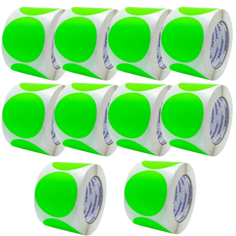 ChromaLabel 3 Inch Round Sticker Labels, Removable Stickers Label, Matte Finish Color Coding Labels - 500 Sticky Dots per Roll, Fluorescent Green - Case of 10