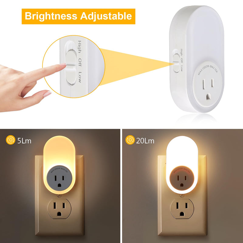 Dawnrise Night Lights Plug Into Wall,Dusk to Dawn Sensor Night Light with Power Outlet,CCT 2200K/4000K,5/20LM Adjustable Brightness for Bedroom,Kitchen,Living Room,Office (4 PK) 4 PK