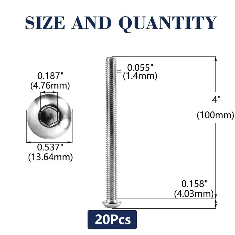 5/16-18 x 4" Button Head Socket Cap Bolts Screws, 20Pcs 304 Stainless Steel 18-8, Allen Hex Drive, Bright Finish by SG TZH(with Hex Spanner) 20 5/16-18 x 4"