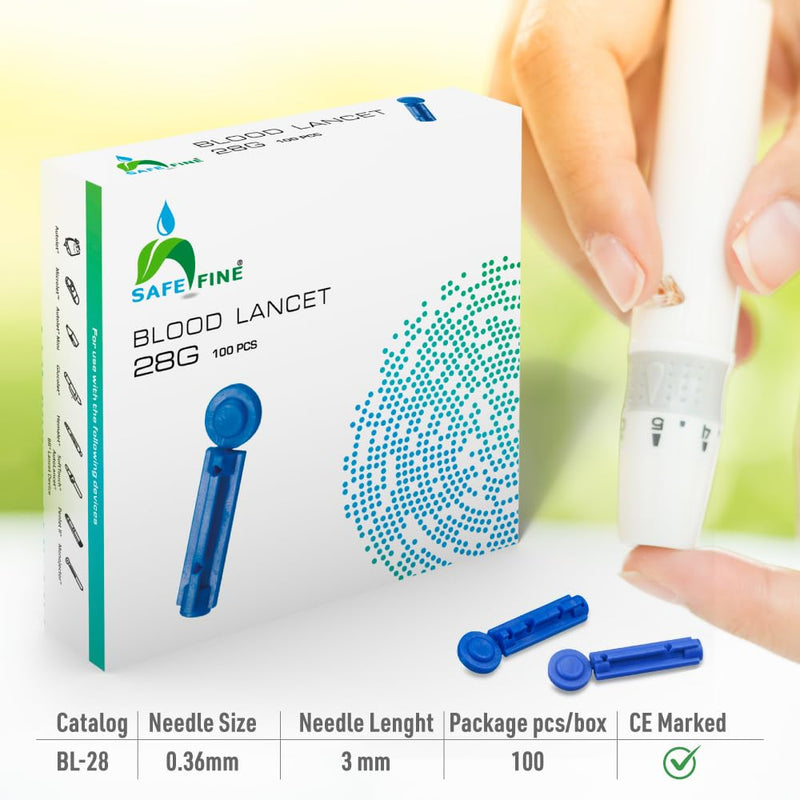 SafeFine Blood Lancets Sterile 28G 3mm Compatible with Most Lancing Devices 100pcs/Box