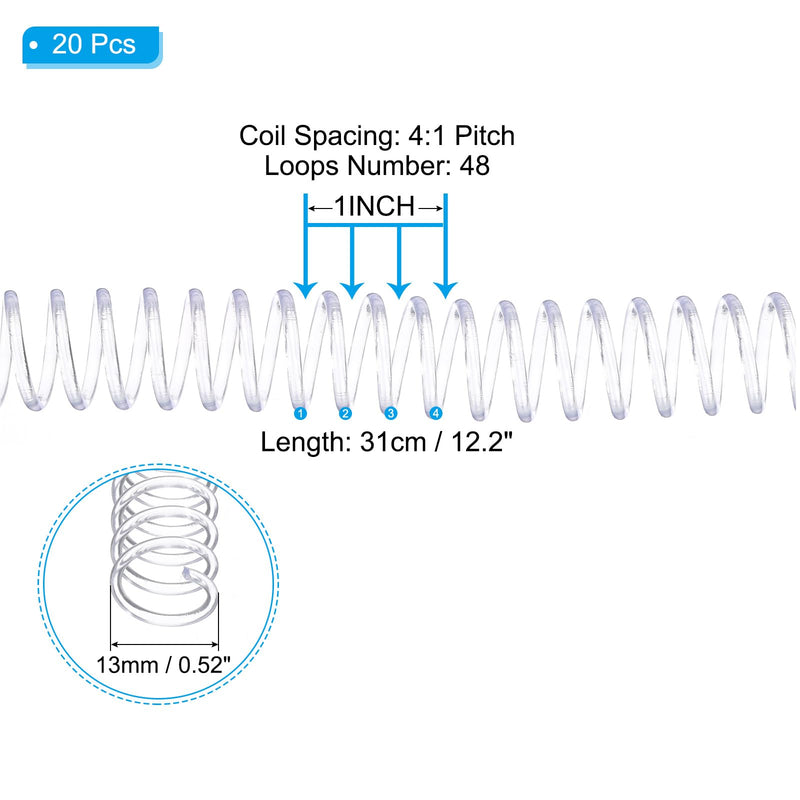 PATIKIL 13mm(1/2") Plastic Spiral Binding Coils, 20 Pcs Binding Spirals 105 Sheet Capacity 4:1 Pitch Binding Spirals for Binding Paper Sheets, Transparent 13mm(1/2")