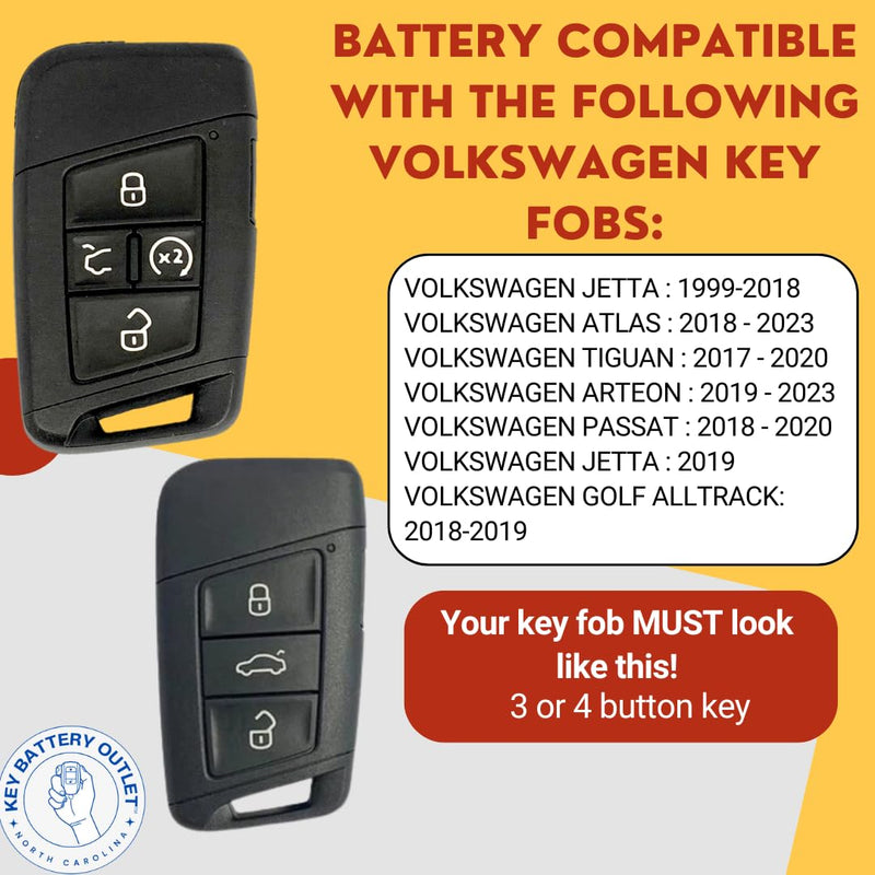 Key Fob Battery CR2032 for VW Volkswagen (2 Pack) Atlas Jetta Tiguan Arteon Passat Golf Alltrack Remote Key Battery Replacement (KR5FS14-US) Check Fitment Guide CR2032 2 Pack