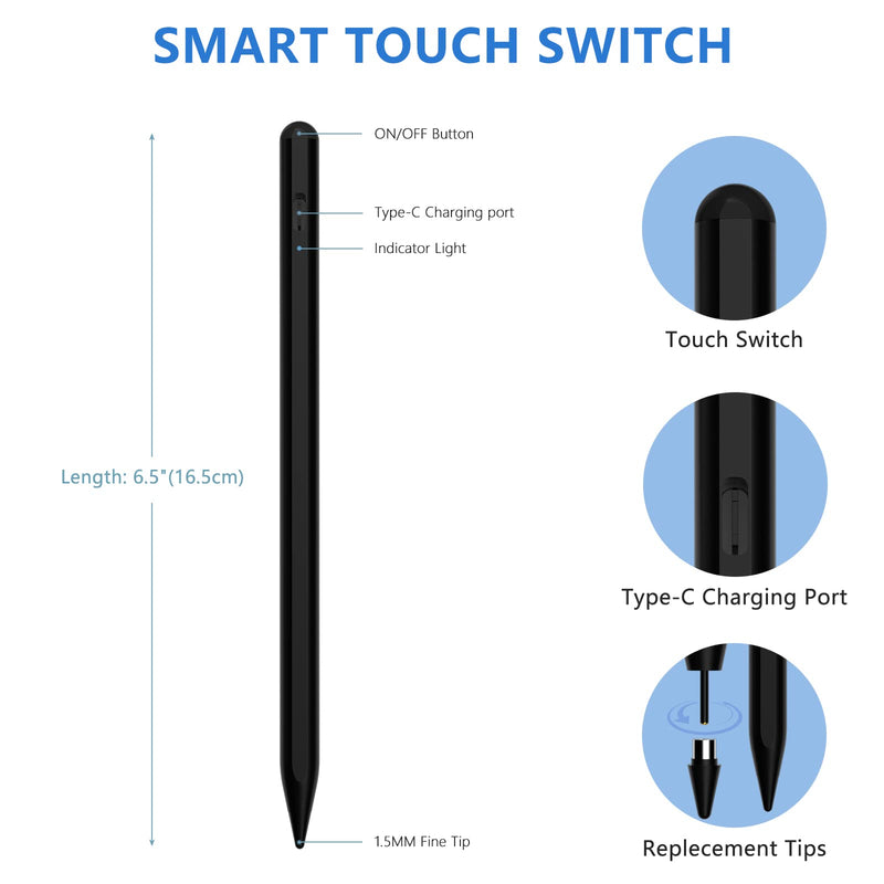 Stylus Pen for iOS&Android Touch Screens, Active Pencil for Samsung, Smart Digital Stylus Pens for Lenovo/Huawei/Vivo/Mi and Other Tablets, iPhone/Samsung/Google Pixel Smart Phones Drawing&Writing Black