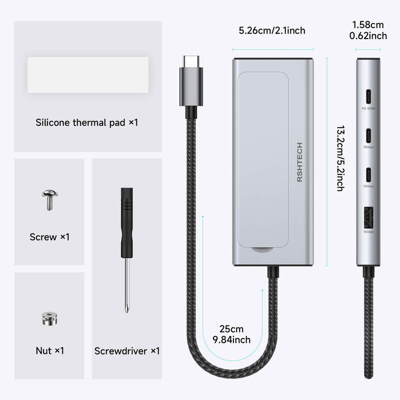 RSHTECH 5-in-1 USB C Hub with M.2 NVMe/SATA SSD Enclosure, 10Gbps USB Data Ports (1A + 2C) and 100W Power Delivery, Aluminum USB-C Dock Dongle for MacBook, Laptops and More RSH-D05P