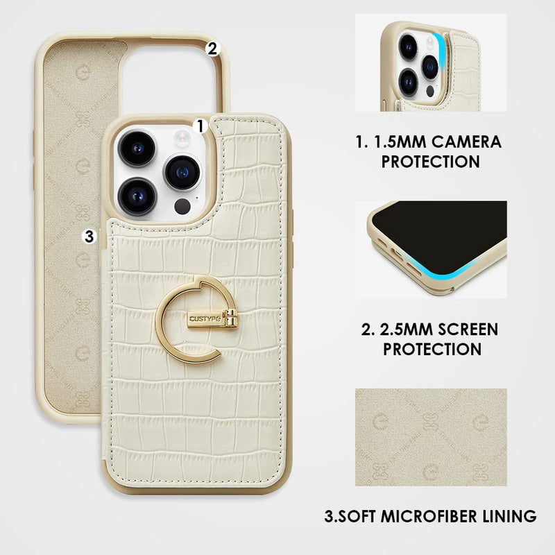 CUSTYPE for iPhone 14 Pro Max case Wallet with Card Holder, 180° Rotation Ring Holder Stand Card Slots Case, Leather Double Snap Cover with Wallet for Women and Men 6.7 "-Beige iPhone 14 Pro Max 6.7" Beige