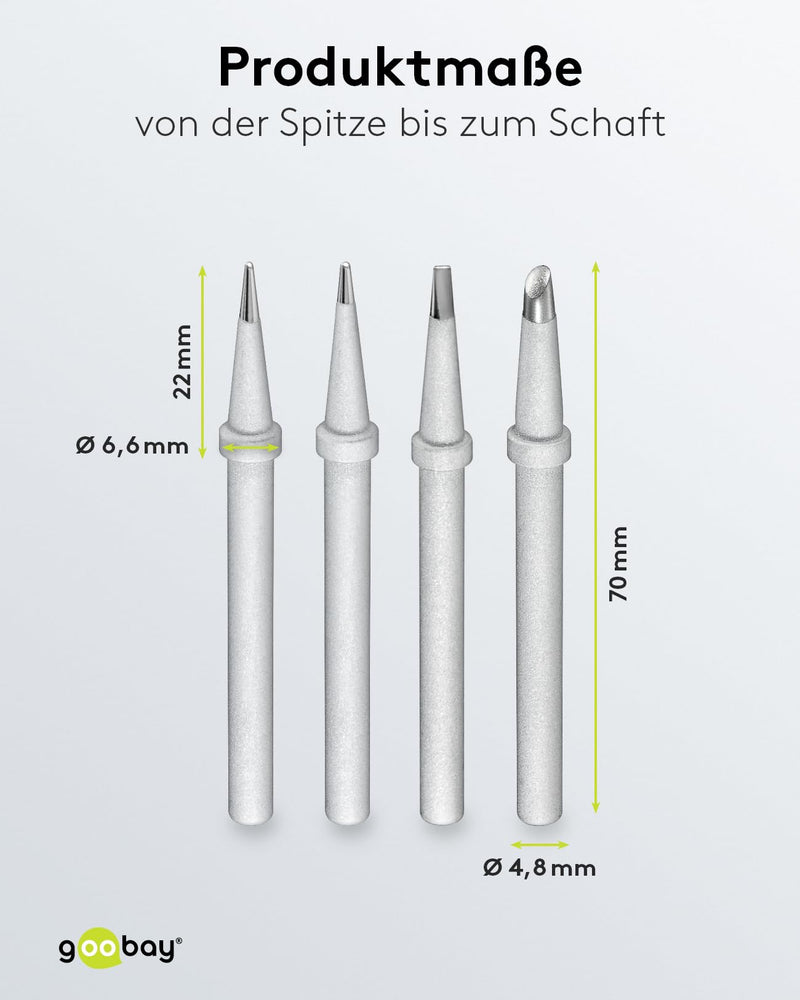 Goobay 51092 Soldering Tip Set for Soldering Station AP2 / Soldering Iron Tips Set of 4 / Replacement Soldering Tips Soldering Tips for Soldering / Soldering Station Accessories / 4 Piece Soldering Tip Set 4 Pieces for AP2 for ø 4.8 mm Single