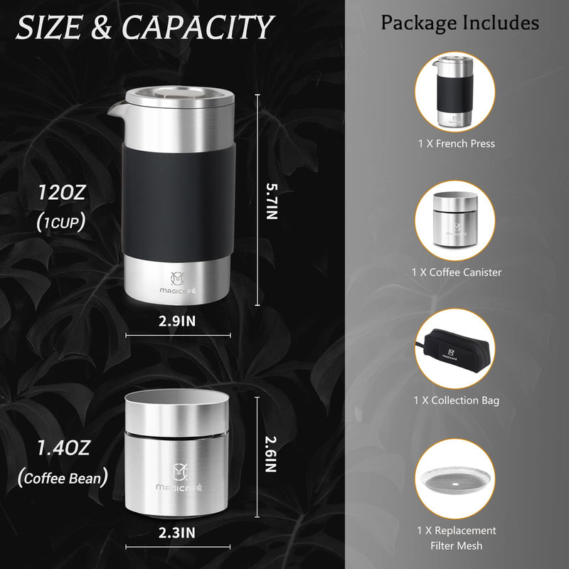 French Press Coffee Maker Set, Portable French Press with Mini Coffee Canister and Collection Bag, Single Serve 1 Cup Small Stainless Steel Double Walled Coffee Press 350ml/12oz 12oz+1.4oz