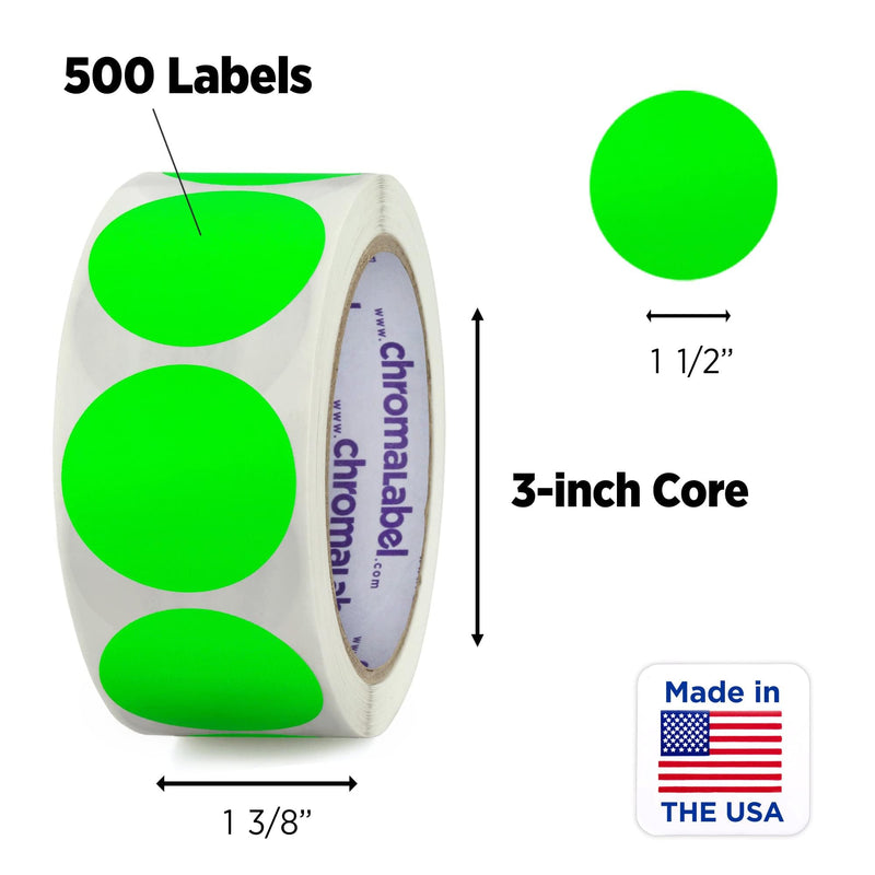 ChromaLabel 1.50 Inch Round Label Removable Color Code Dot Stickers, Inventory Label, 500 Labels per Roll, Fluorescent Green