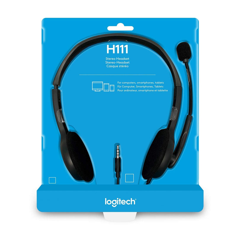 Logitech H111 Wired Headset, Stereo Headphones with Noise-Cancelling Microphone, 3.5 mm Audio Jack, PC/Mac/Laptop/Smartphone/Tablet - Black Foam Cushion