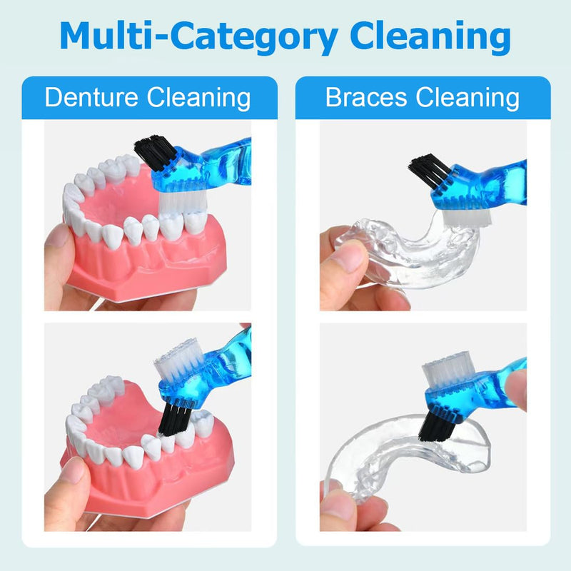 Pack of 4 Portable Denture Cleaning Brushes, Double-Sided Brush, Multi-layer Bristles, Denture Cleaning Brush, Bristles and Ergonomic Rubber Handle, for Denture Care (4 Colors)