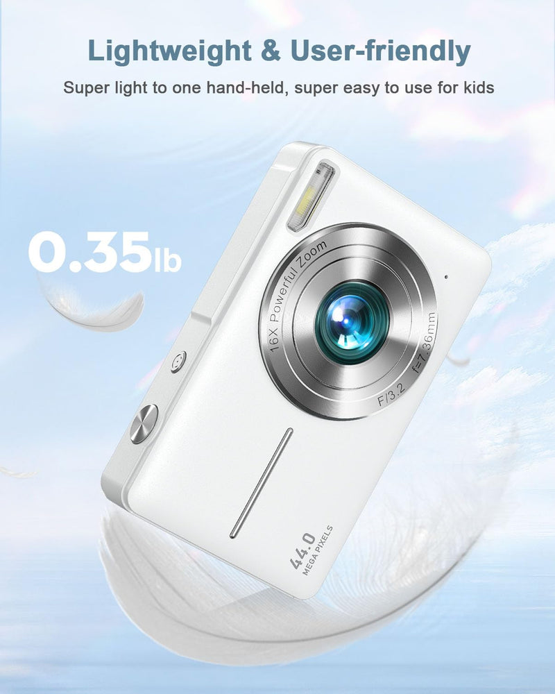 Digital Camera, Kids Camera FHD 1080P Point and Shoot Camera with 16X Zoom Anti Shake, Small Compact Camera for Teen Starter Children Kid Student Girl Boy(Pearl White) Pearl White