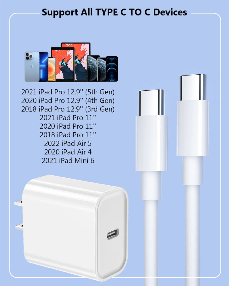 10FT Fast iPad Charger, iPad Pro Charger Cord [2Pack] 10FT USBC to USB C Cable iPad Cord 20W USB C Charger iPad Charging Block for iPad 10,iPad Mini 6,iPad Air 5/4,iPad Pro 12.9/11 inch 2020/2021/2022 White