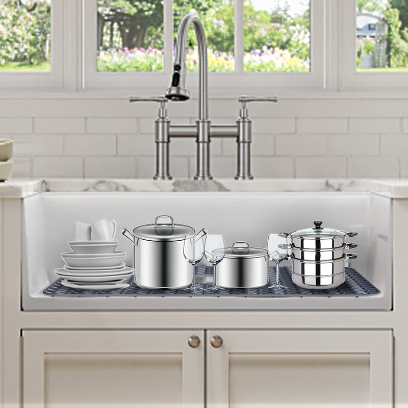 AWOKE Sink Protectors for Kitchen Sink - 29"x 15.35" Mat - Heat-resistant Easy-clean Silicone Sink Mat - for Protection of Stainless Steel Sink - with 3 Reserved Holes (Grey) 29 x 15.35