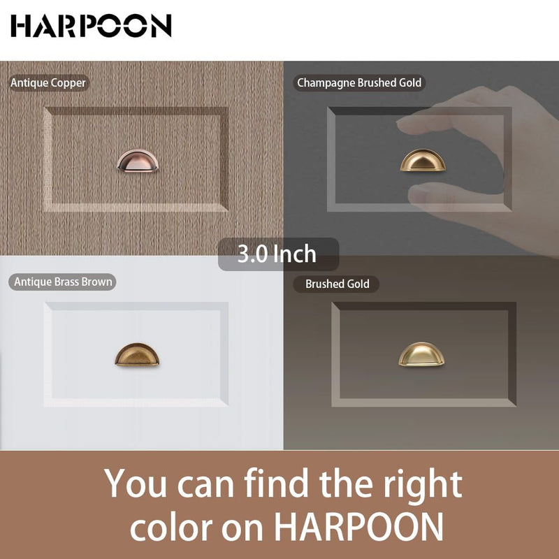 HARPOON Bin Cup Drawer Handles Hardware 10 Pack of Kitchen Cabinet Pulls, 3" Inch 76mm Champagne Gold