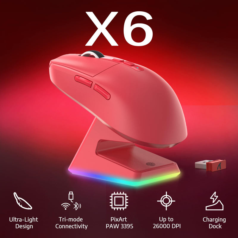 ATTACK SHARK X6 49g Superlight Wireless Gaming Mouse with Magnetic RGB Charging Base, Ultralight Mice PixArt PAW3395 Sensor, 26000DPI, BT/2.4G Wireless/Wired Mouse, 200Hrs Battery for Win/Mac (Red) Red